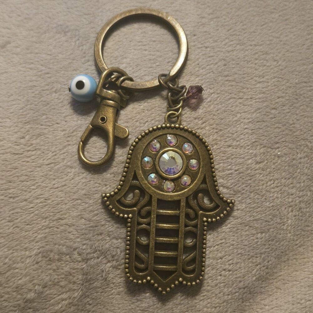 Buddha Hindu Hamsa Hand Eye Keychain Rhinestones Metal Luggage Purse Clip 4 Luck